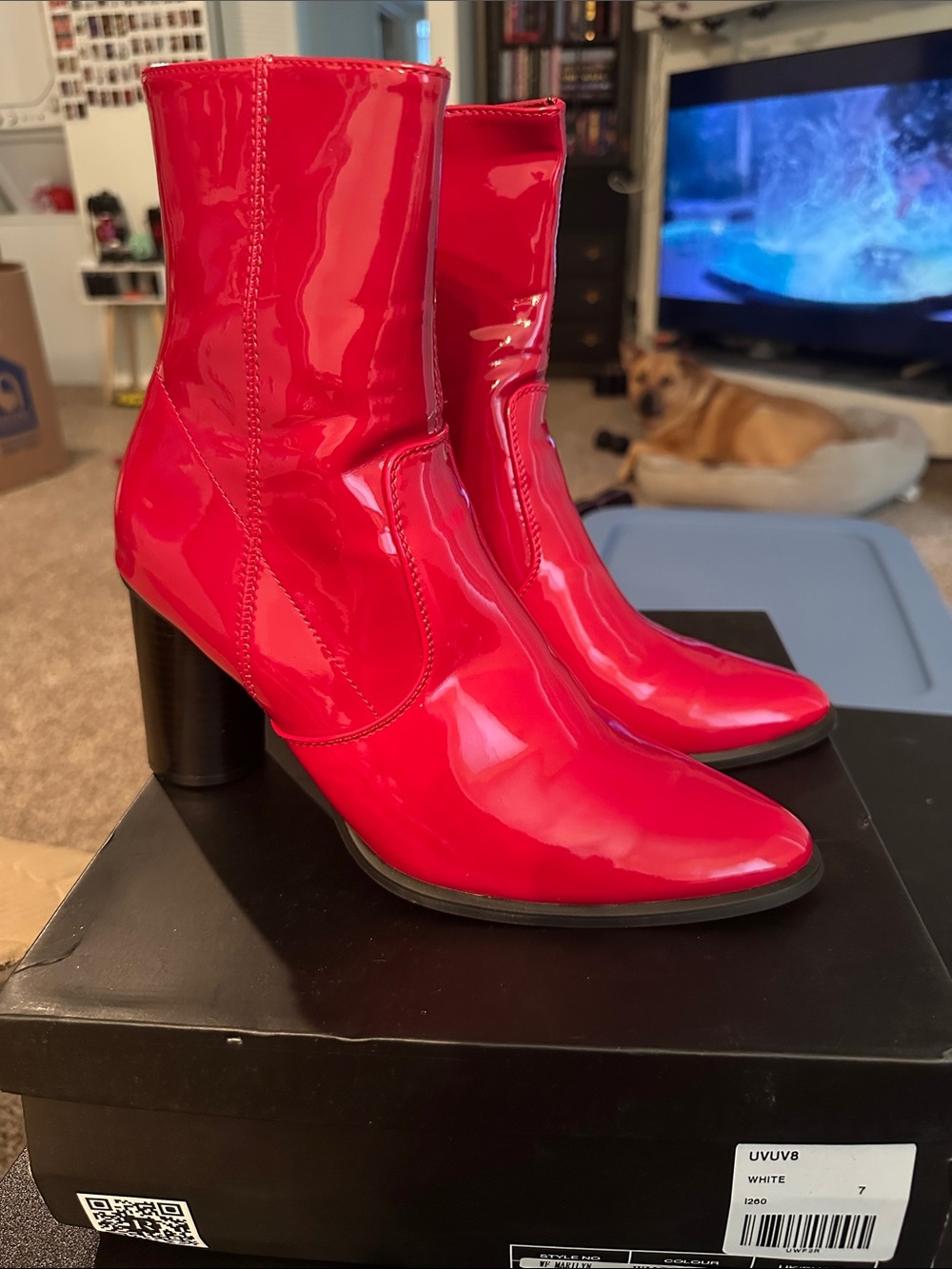 Women's Patent Red Mid-Calf Block Heel Boots